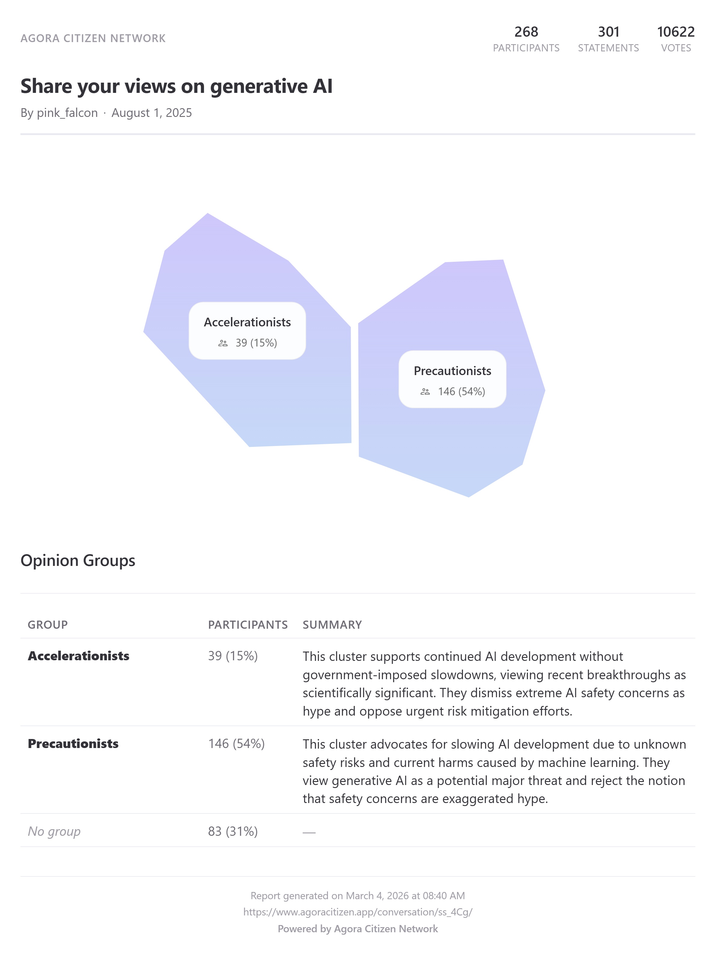 Agora Conversation Mode report showing opinion groups and cluster summaries